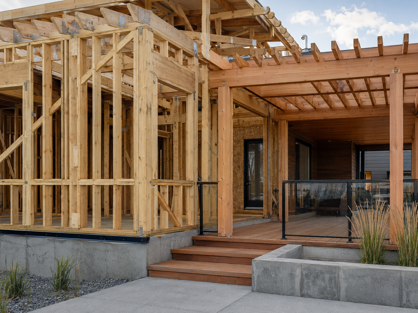 Precise timber framing beside finished cedar carpentry
