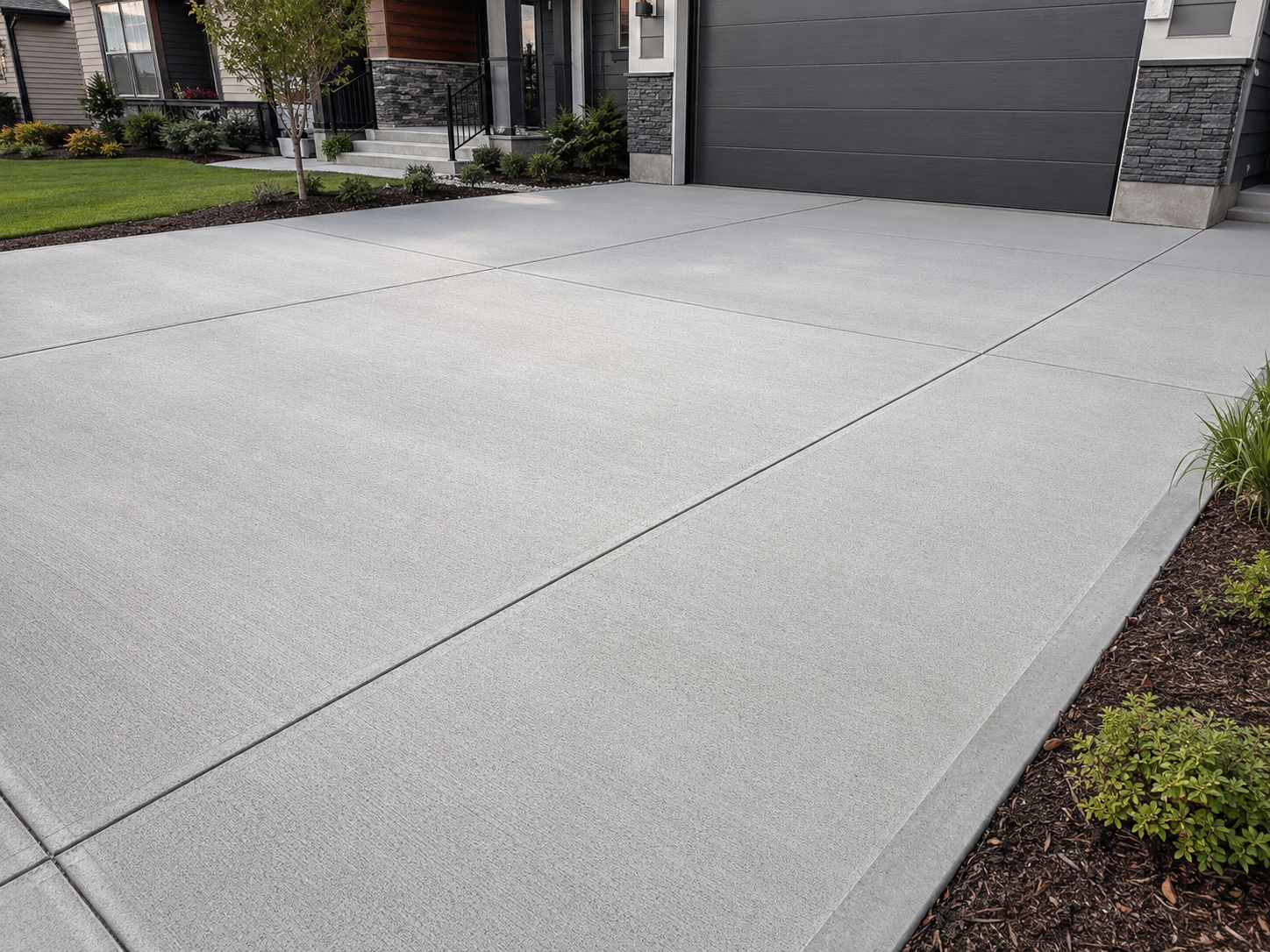 Professionally finished concrete driveway with crisp control joints
